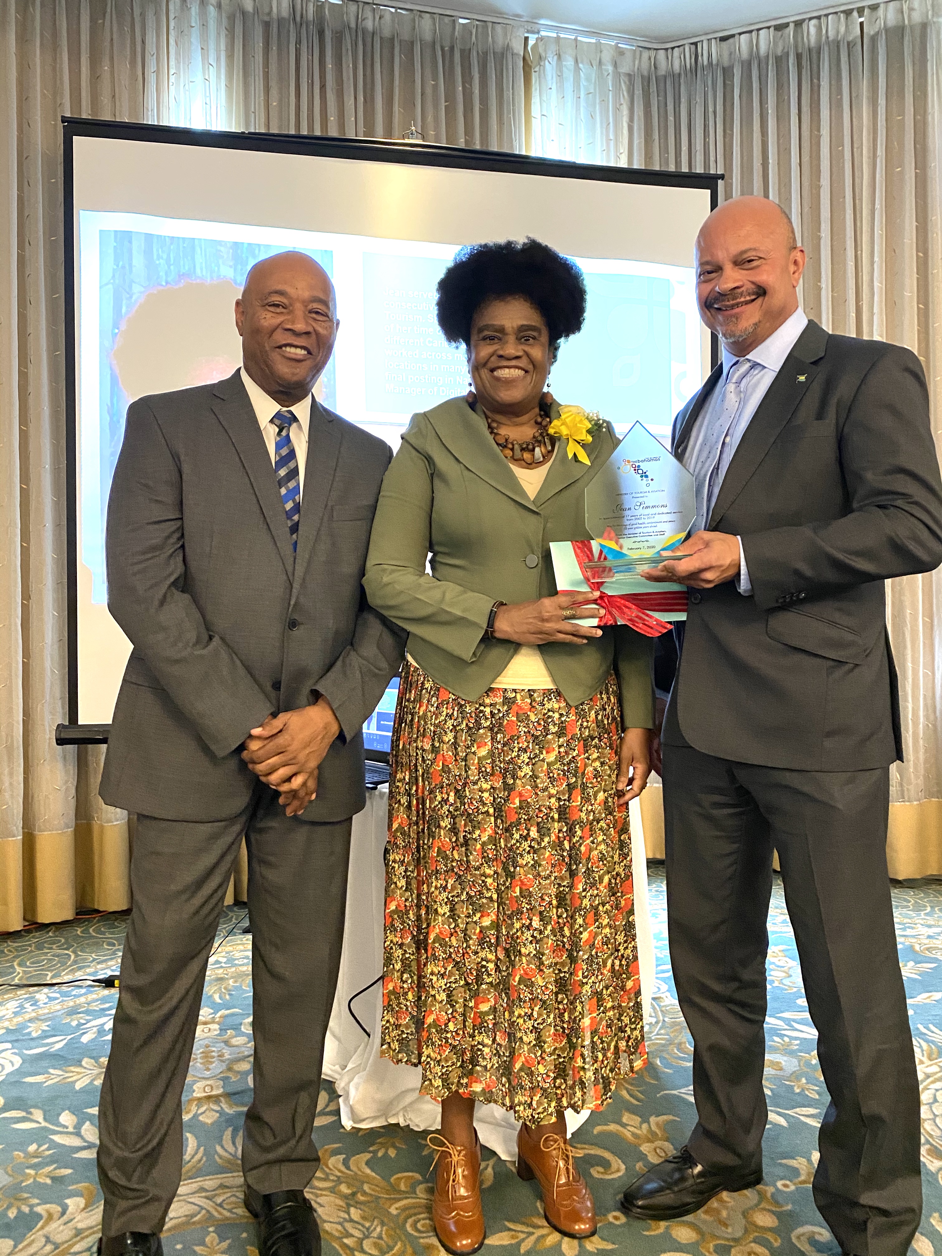 Honouree Jean Simmons- Cleare along with BMOTA Permanent Secretary Charles Albury and Deputy Director General, Ellison "Tommy" Thompson 