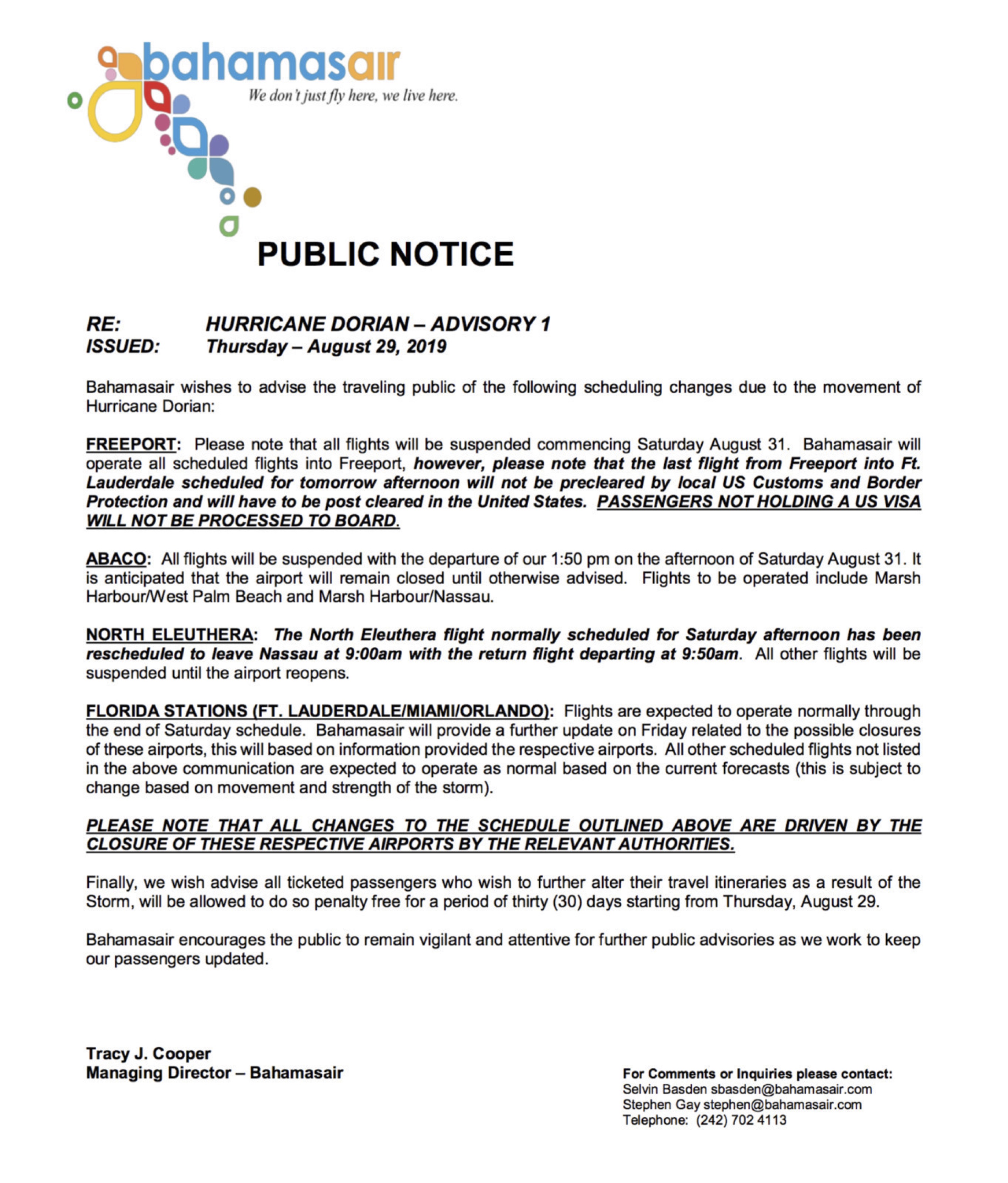 Bahamasair Public Notice