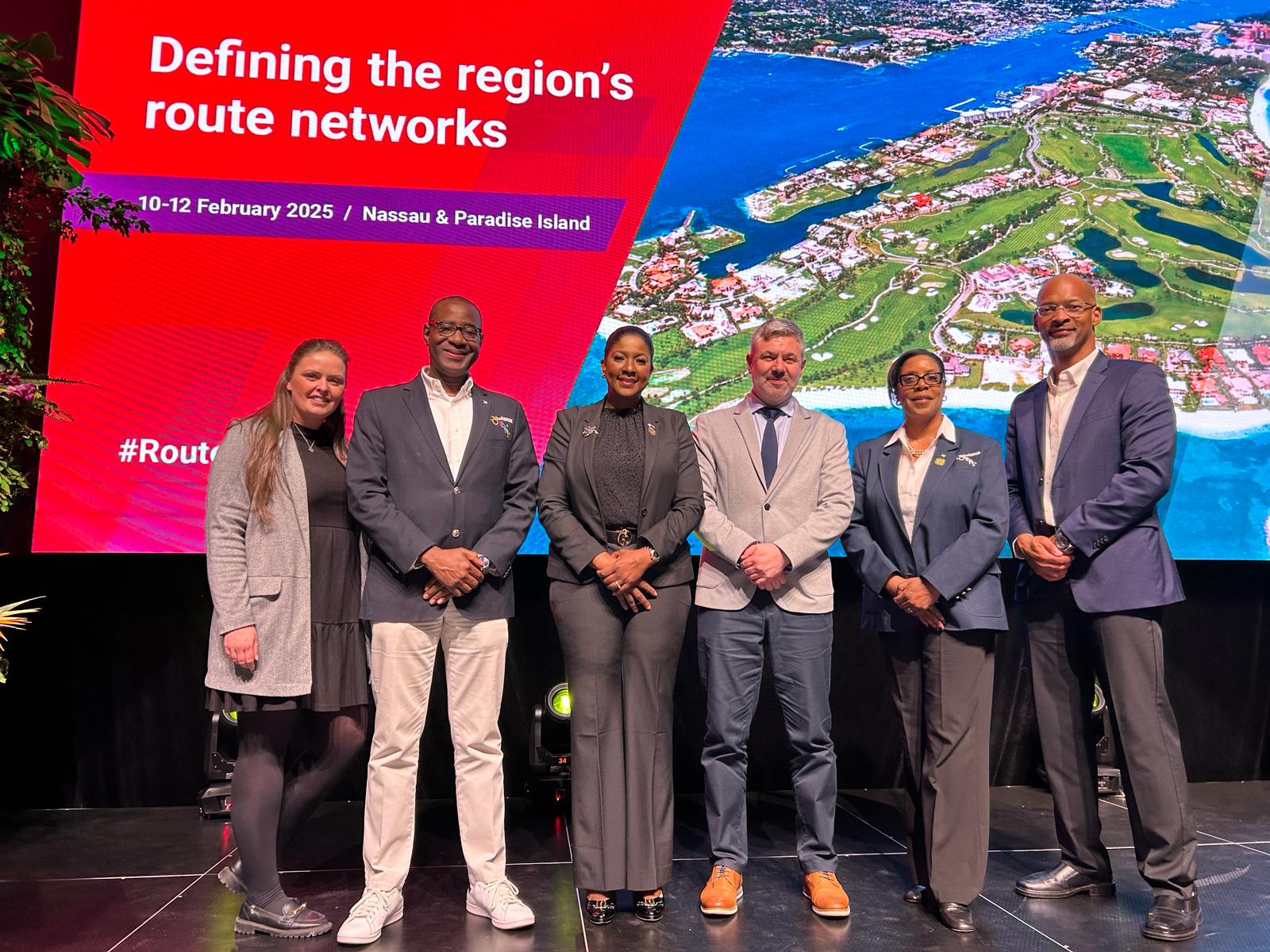 Sarah Caren, Routes Head of Host & Event Management, Dr. Kenneth Romer Deputy Director General, Director of Aviation, Latia Duncombe, Director General, Bahamas Ministry of Tourism, Steven Small, Routes, Director of Events, Deputy Director General, Valery Brown-Alce, Director of Airlift Giovanni Grant