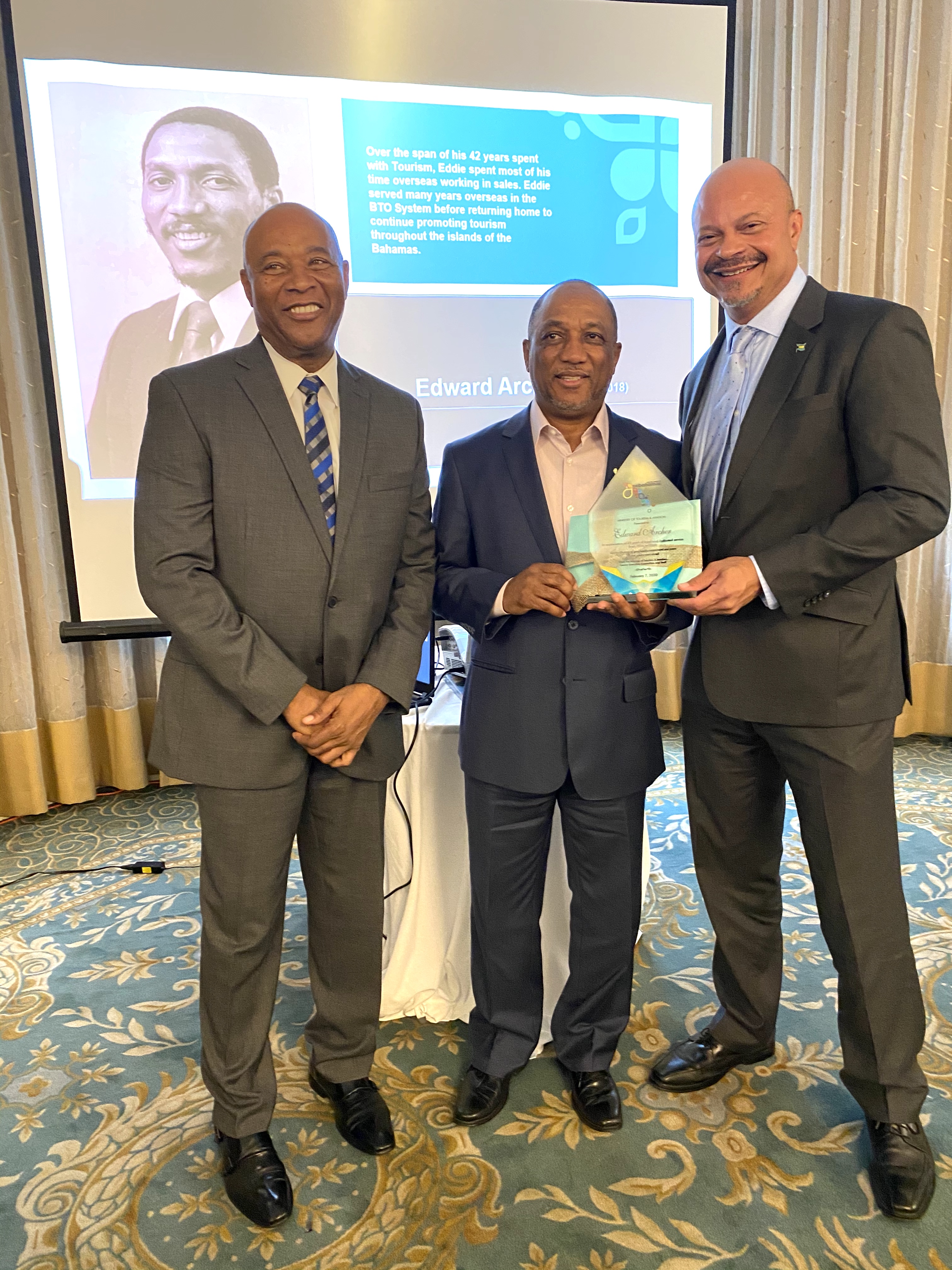 Honouree Edward Archer along with BMOTA Permanent Secretary Charles Albury and Deputy Director General, Ellison "Tommy" Thompson