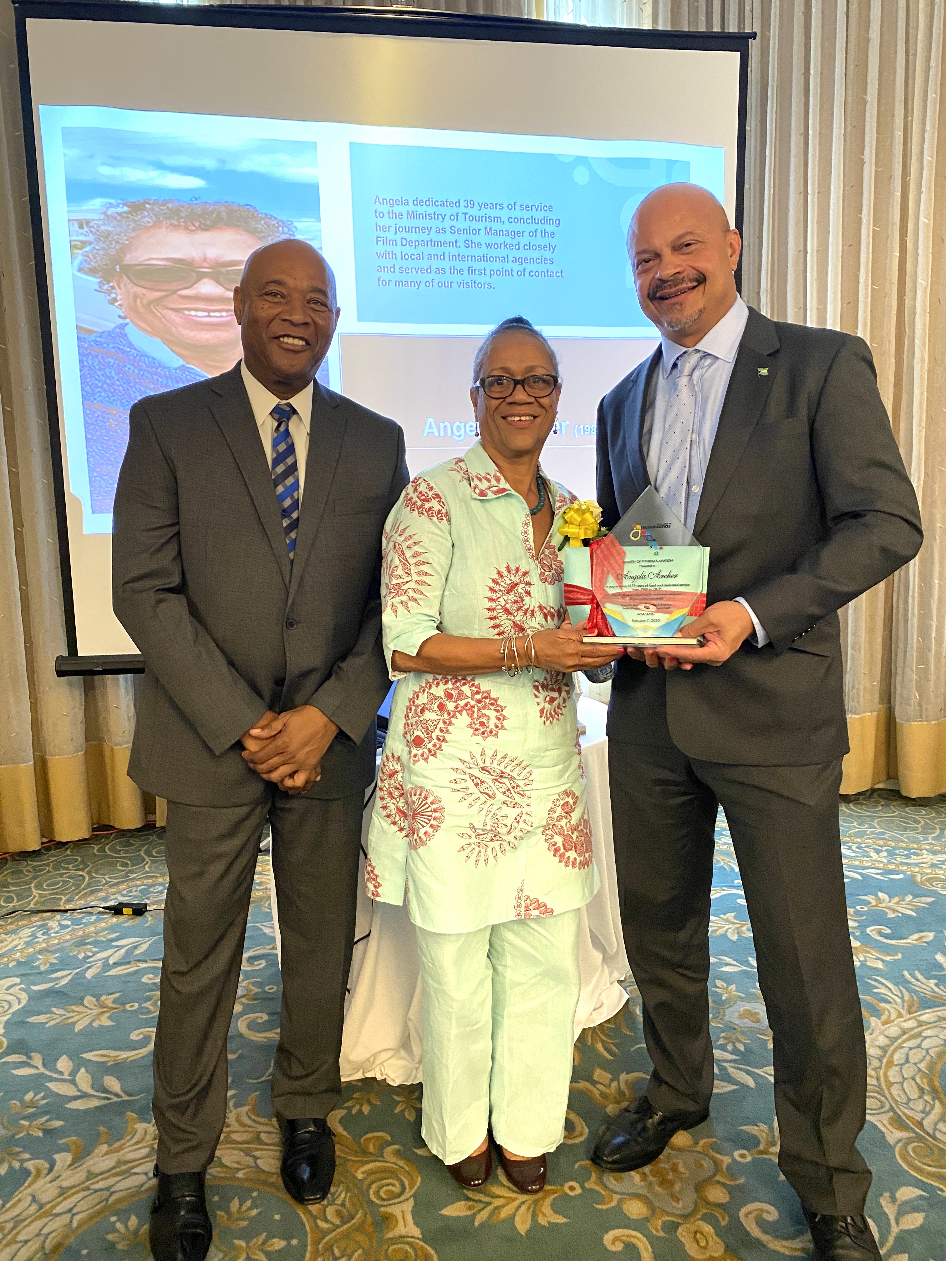 Honouree Angela Archer along with BMOTA Permanent Secretary Charles Albury and Deputy Director General, Ellison "Tommy" Thompson 