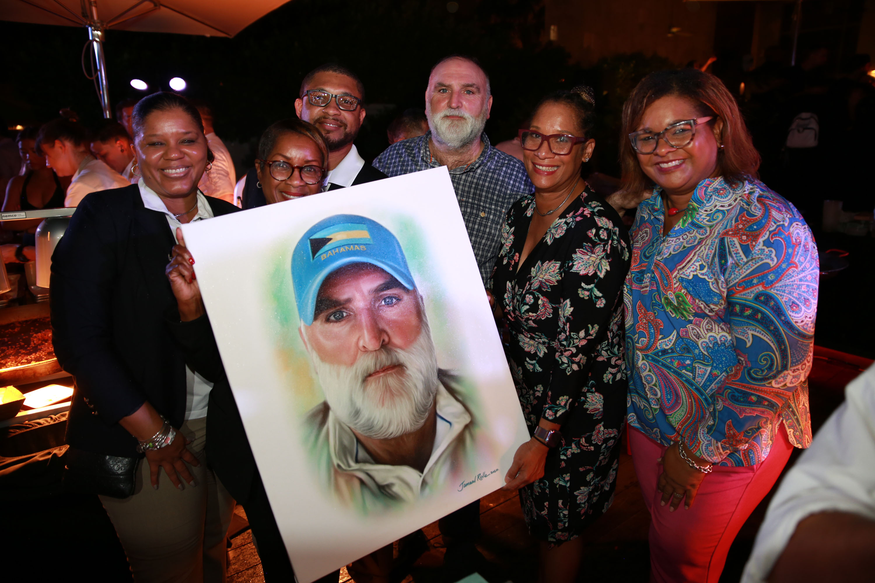 Bahamas team at presentation of portrait to Chef Andrés.  L-R Sanique Culmer, Marketing Manager, Bahamas Tourist Office  (BTO) Florida; Adrian Kemp, Sr. Marketing Representative BTO FLorida; Chef José Andrés; Bridgette King, Executive Director Marketing, 