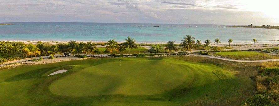 Aerial shot of the 4th green at the Abaco Club on Winding Bay Golf Course, Cherokee Sound, The Abacos, The Bahamas.